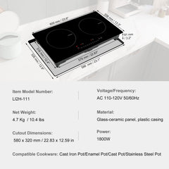 Electric Cooktop, 2 Burners, 24'' Induction Stove Top, Built-in Magnetic Cooktop 1800W, 9 Heating Level Multifunctional Burner, LED Touch Screen w/ Child Lock & Over-Temperature Protection