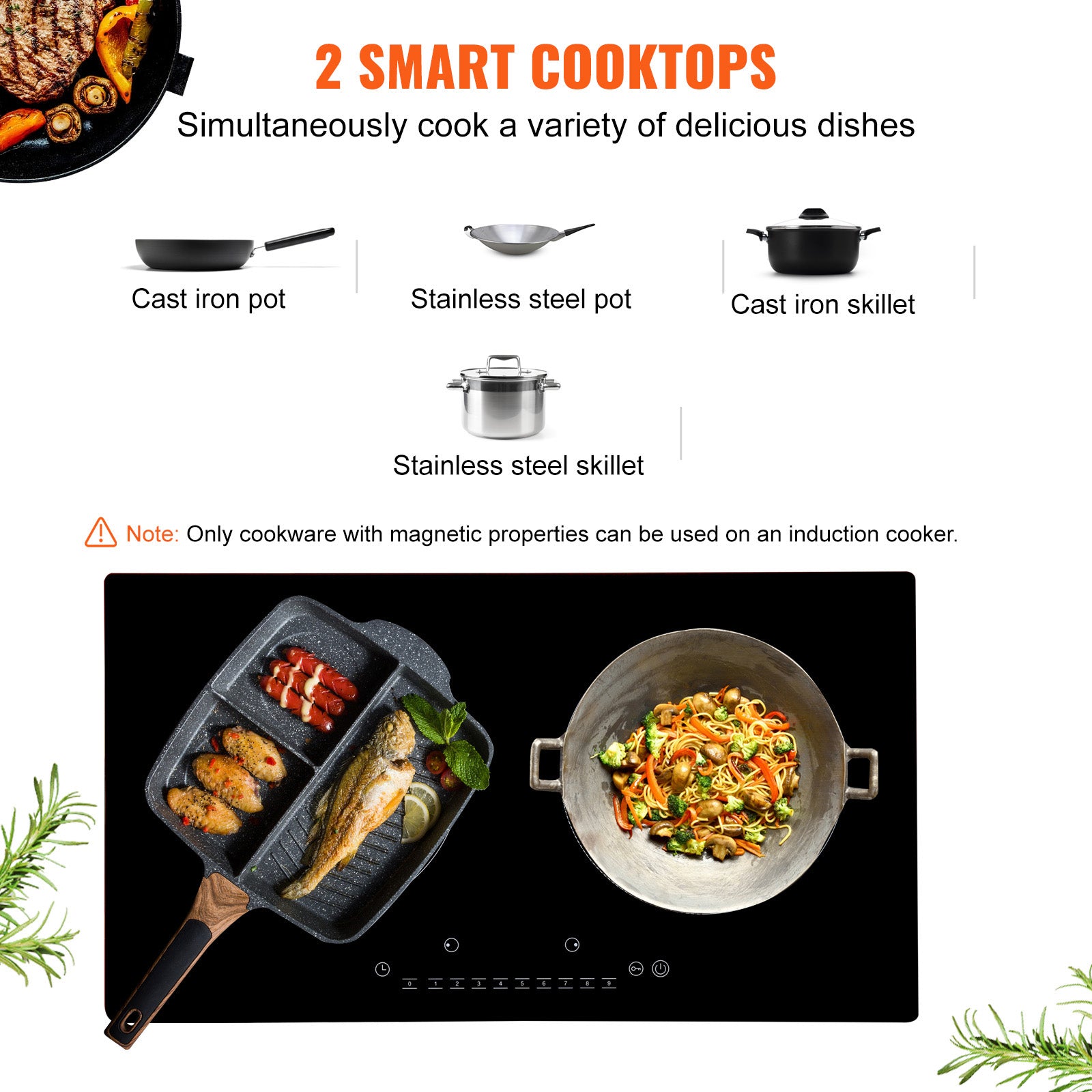 Electric Cooktop, 2 Burners, 24'' Induction Stove Top, Built-in Magnetic Cooktop 1800W, 9 Heating Level Multifunctional Burner, LED Touch Screen w/ Child Lock & Over-Temperature Protection