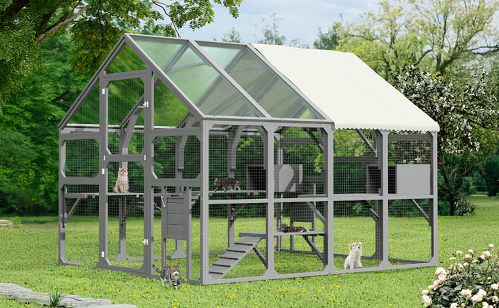 Large Catio Outdoor Cat Enclosure for Multiple Kittens, Wooden Cat House with 7 Platforms, 2 Resting Boxes, 1 Bridge and 1 Ramp, Walk in Kitty Cage Kennel with Sunshine Board Roof, Gray