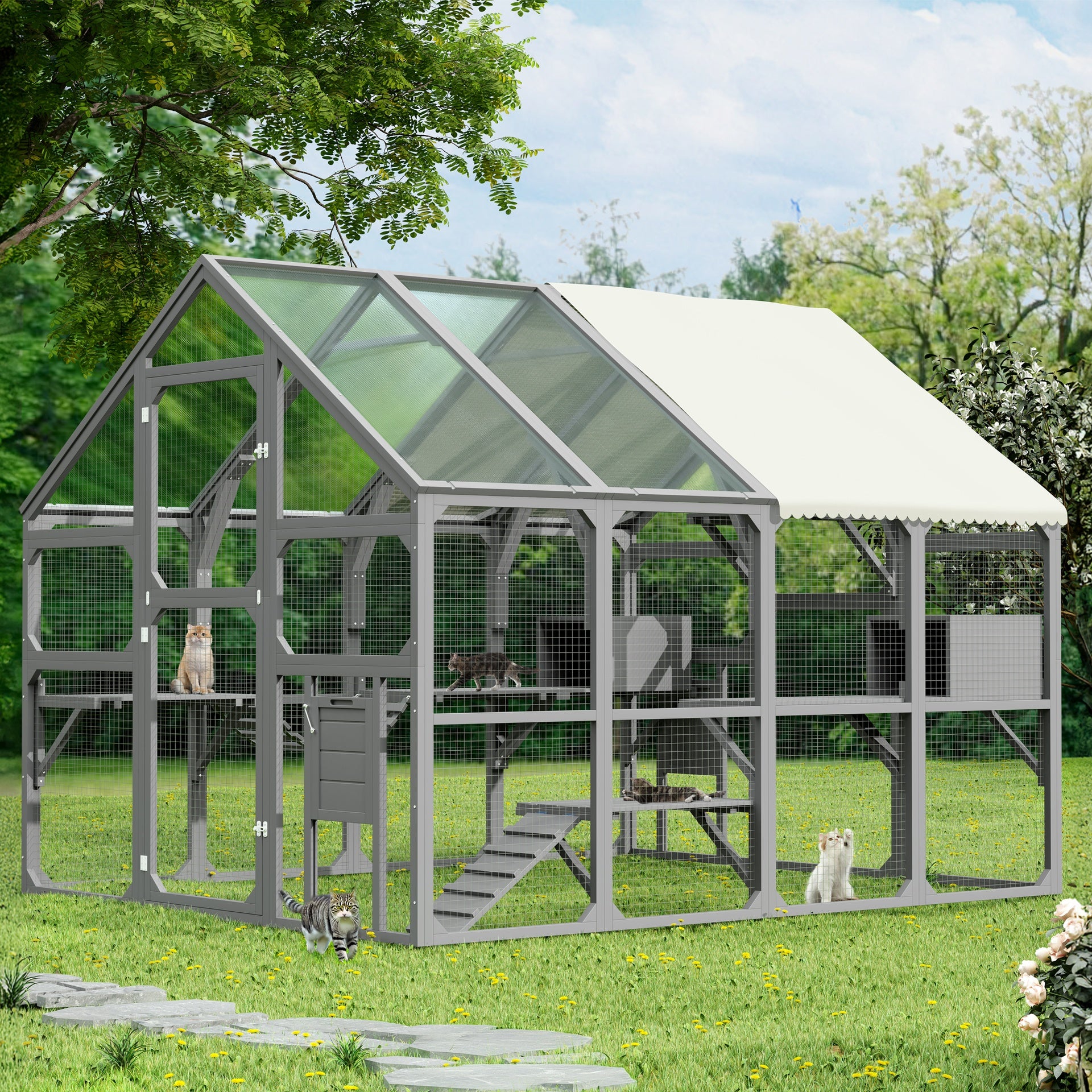 Large Catio Outdoor Cat Enclosure for Multiple Kittens, Wooden Cat House with 7 Platforms, 2 Resting Boxes, 1 Bridge and 1 Ramp, Walk in Kitty Cage Kennel with Sunshine Board Roof, Gray