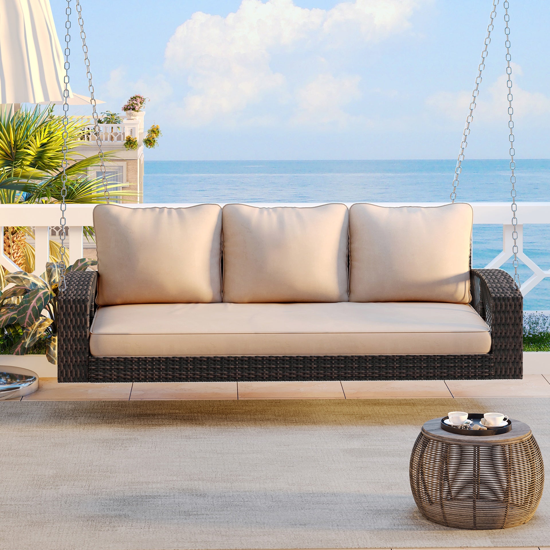 GO 69" PE Wicker 3-Person Porch Swing with Chains, Large Patio Swing Bench with Cushions for Backyard, Garden, and Poolside, Brown