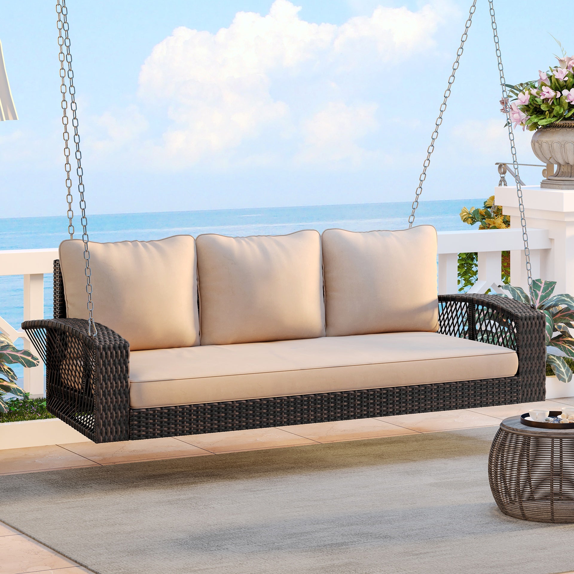 GO 69" PE Wicker 3-Person Porch Swing with Chains, Large Patio Swing Bench with Cushions for Backyard, Garden, and Poolside, Brown