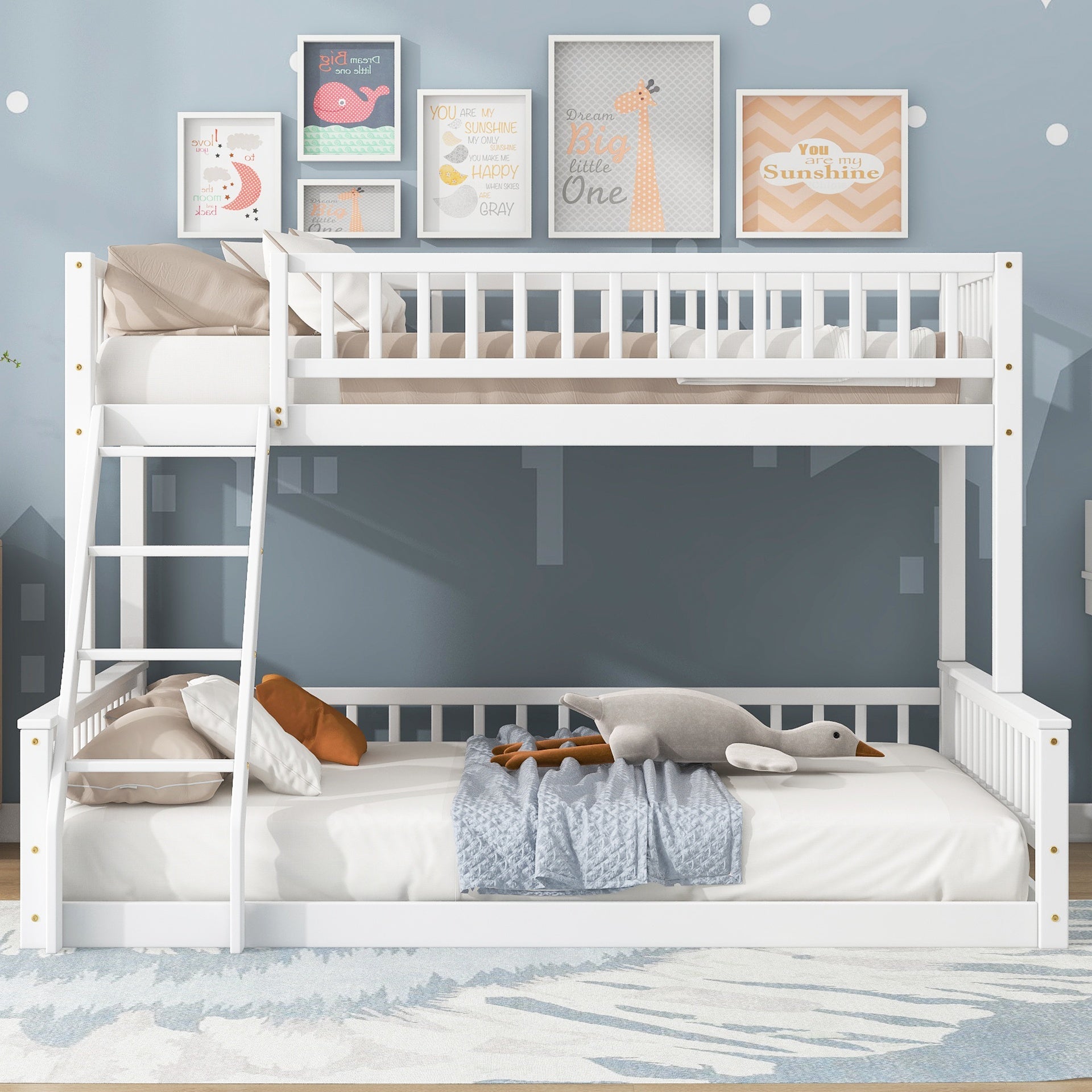 Twin XL over Queen Bunk Bed with Ladder and Guardrails, White