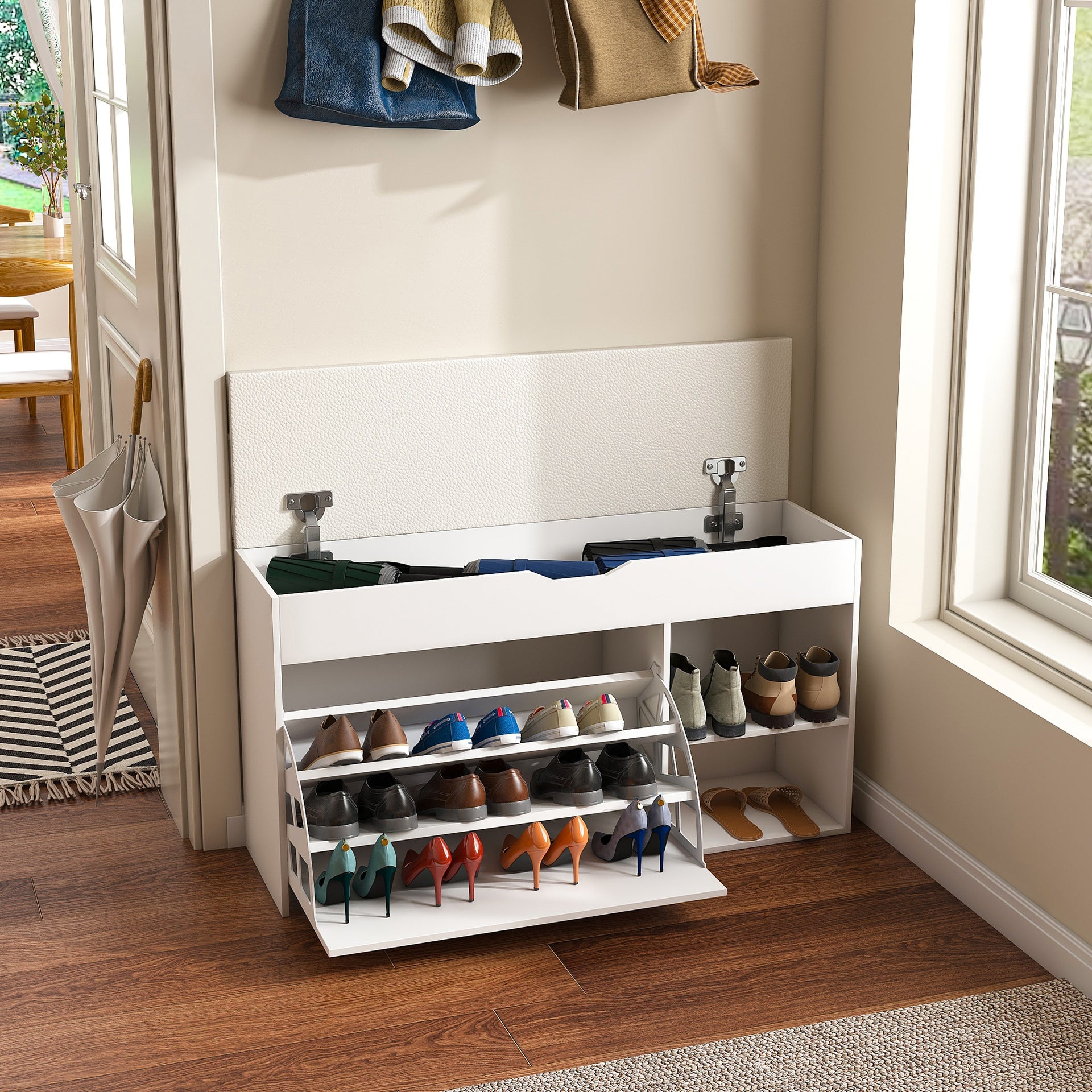 Entryway Bench with Shoe Storage,Adjustable 3-Tier Flip-Up Drawers & Hidden Cabinet,Space-Saving Shoe Organizer,Triple Storage and Modern Design,for  Hallway and Living Room,White