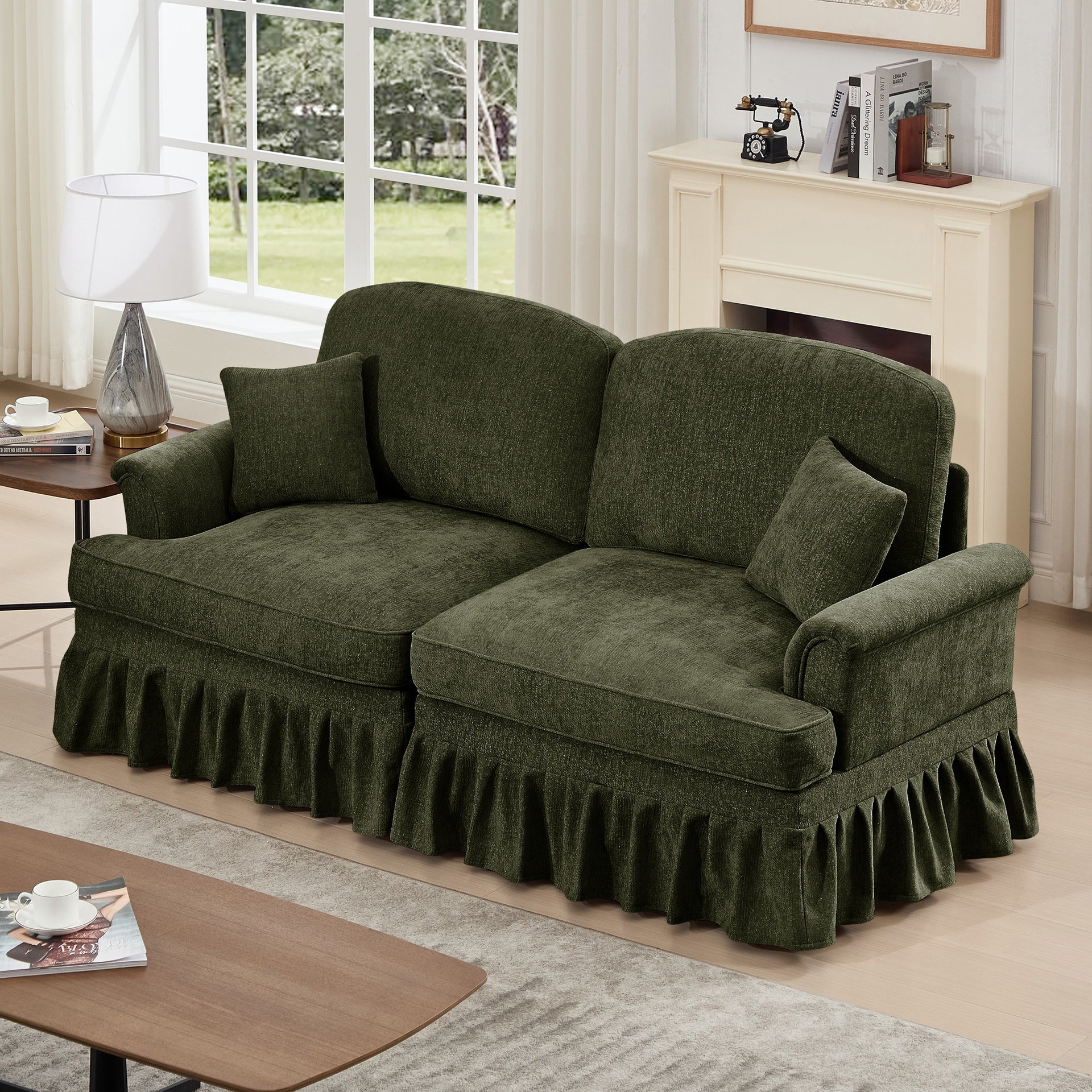 Elegant Mid Century Oversized Large Two Seater Sofa Couch with Flared Arms and Removable Ruffles Pleats Skirts and Spindle Legs, Comfy Chenille Two-Seat Love Seat Sofa for Living Room,Green