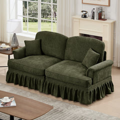 Elegant Mid Century Oversized Large Two Seater Sofa Couch with Flared Arms and Removable Ruffles Pleats Skirts and Spindle Legs, Comfy Chenille Two-Seat Love Seat Sofa for Living Room,Green