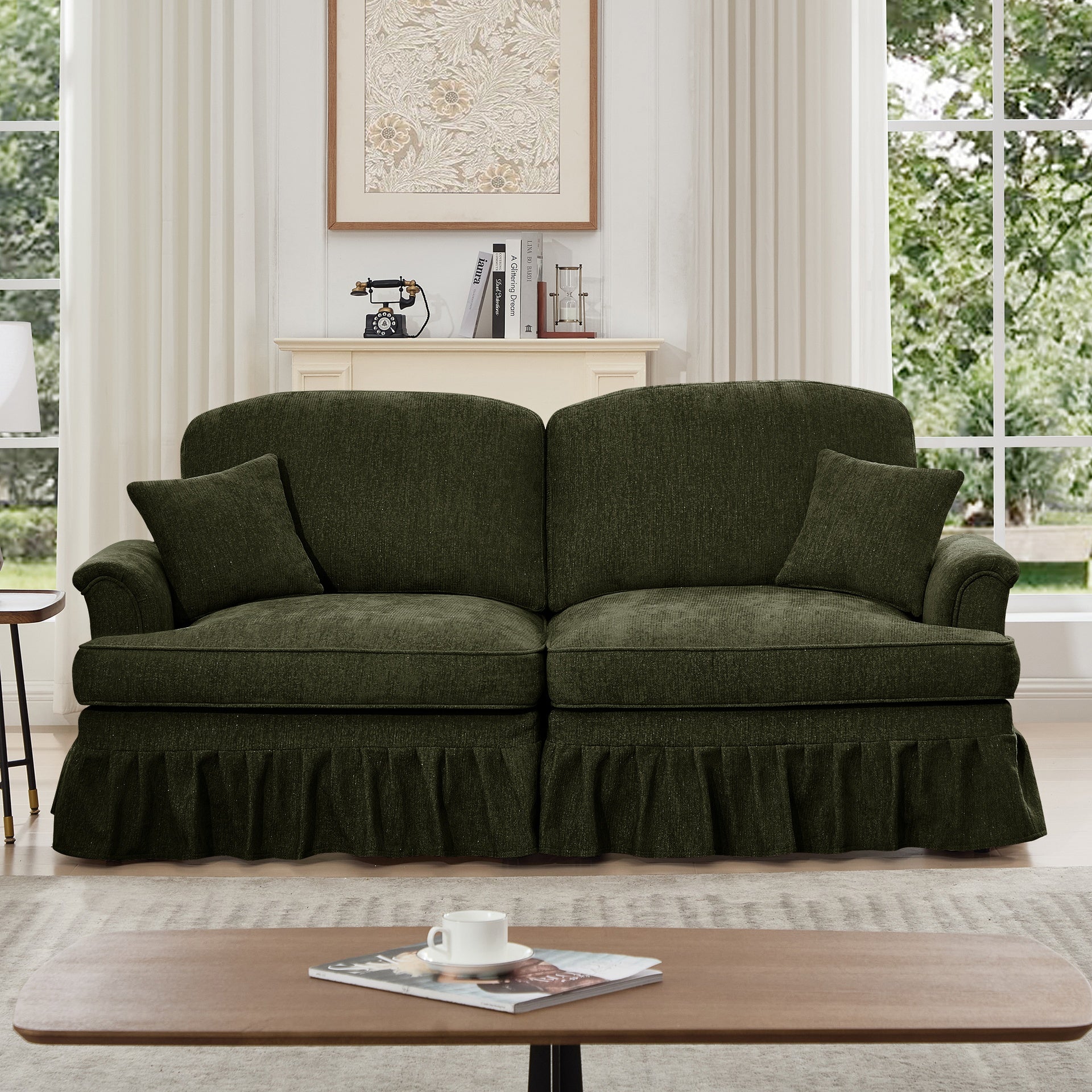 Elegant Mid Century Oversized Large Two Seater Sofa Couch with Flared Arms and Removable Ruffles Pleats Skirts and Spindle Legs, Comfy Chenille Two-Seat Love Seat Sofa for Living Room,Green