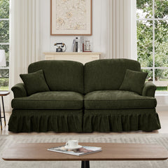 Elegant Mid Century Oversized Large Two Seater Sofa Couch with Flared Arms and Removable Ruffles Pleats Skirts and Spindle Legs, Comfy Chenille Two-Seat Love Seat Sofa for Living Room,Green