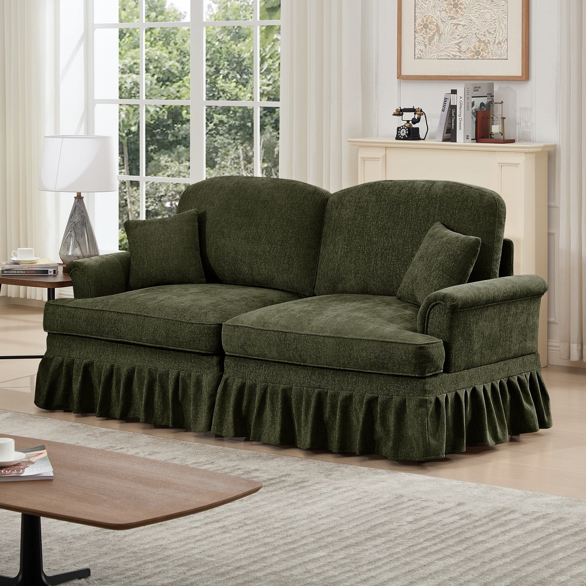 Elegant Mid Century Oversized Large Two Seater Sofa Couch with Flared Arms and Removable Ruffles Pleats Skirts and Spindle Legs, Comfy Chenille Two-Seat Love Seat Sofa for Living Room,Green