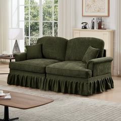 Elegant Mid Century Oversized Large Two Seater Sofa Couch with Flared Arms and Removable Ruffles Pleats Skirts and Spindle Legs, Comfy Chenille Two-Seat Love Seat Sofa for Living Room,Green