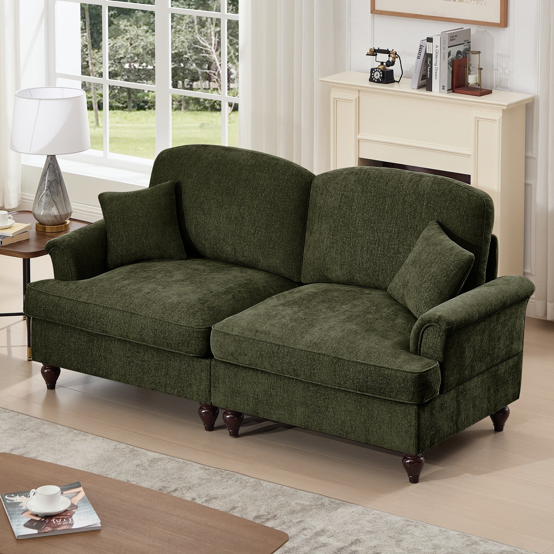 Elegant Mid Century Oversized Large Two Seater Sofa Couch with Flared Arms and Removable Ruffles Pleats Skirts and Spindle Legs, Comfy Chenille Two-Seat Love Seat Sofa for Living Room,Green