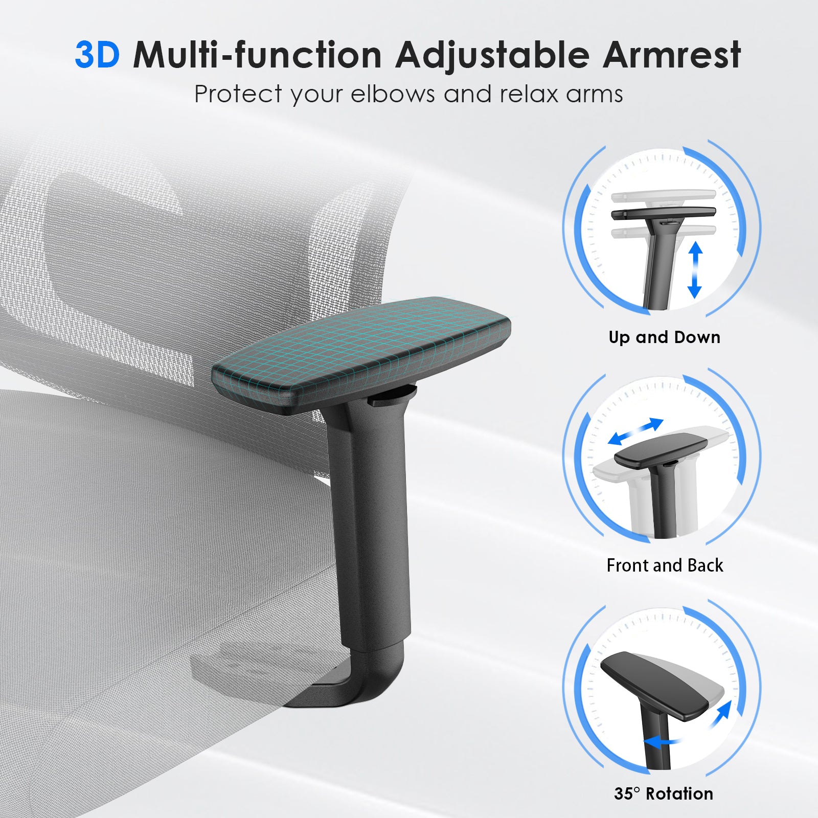 Ergonomic Office Chair,Mesh Desk Chair with Adjustable Lumbar Support and Headrest,Comfy Computer Chair with 3D Armrest Recling Swivel Chair for Home, Office, Study Room, Black & Grey