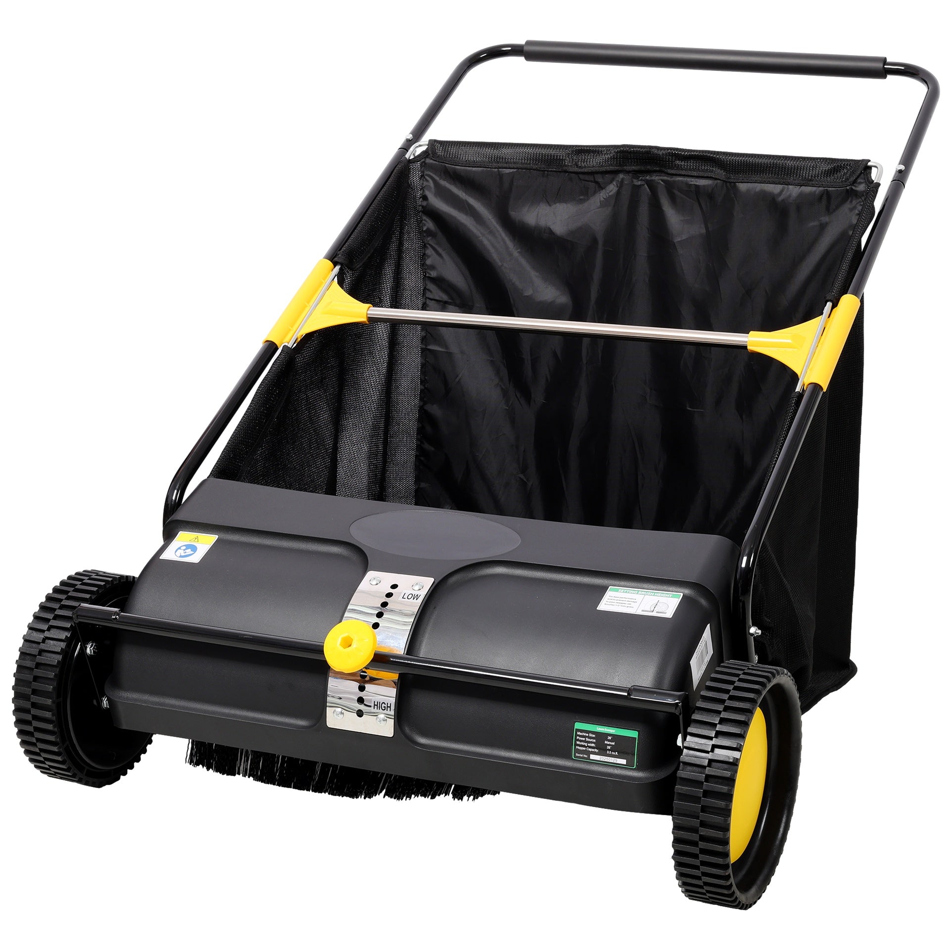 Hand Push Lawn Sweeper, 26 Inch Leaf & Grass Collector  7 cu. ft Hopper Bag Capacity. with Adjustable Brush Height