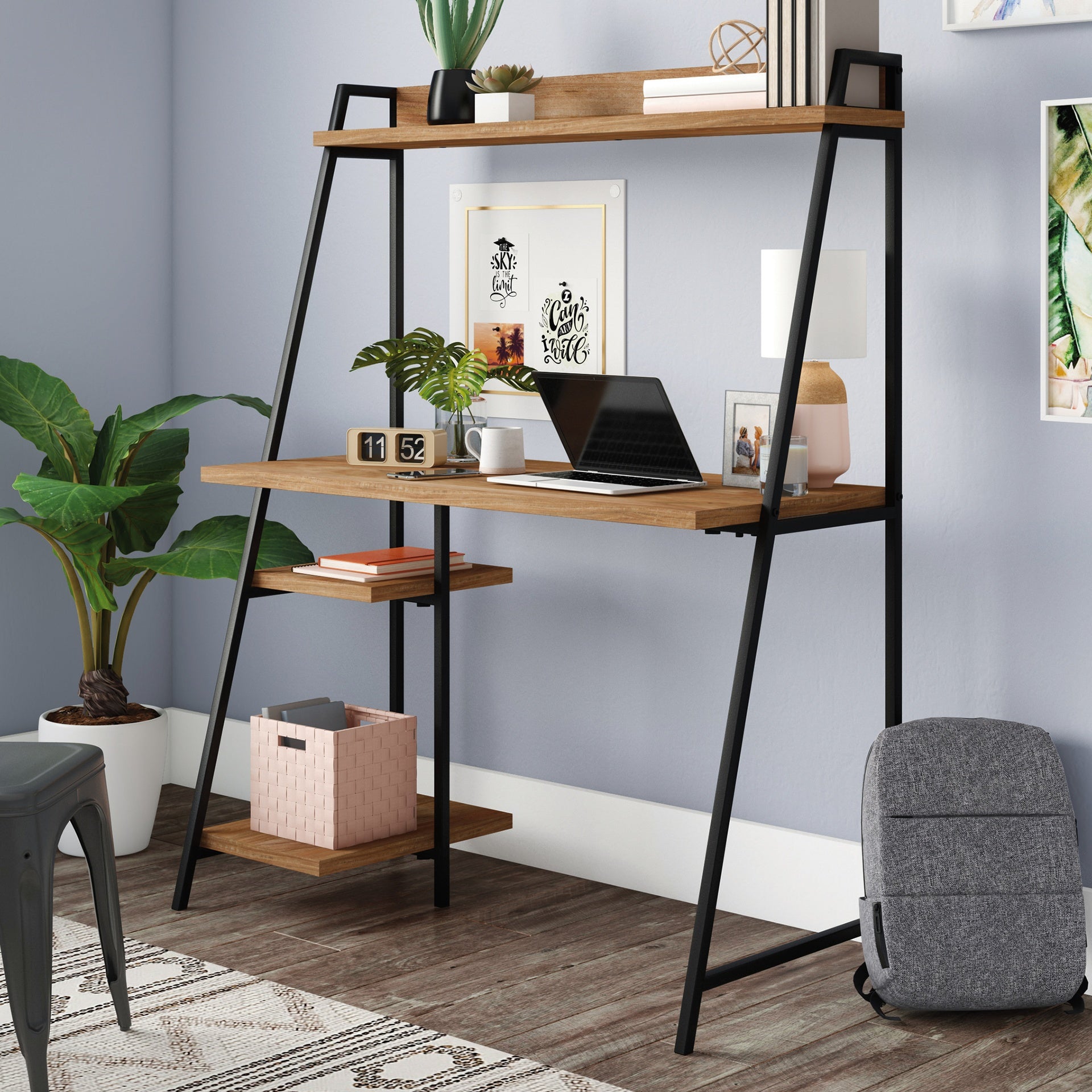 Modern Computer Desk With Hutch, Brown finish