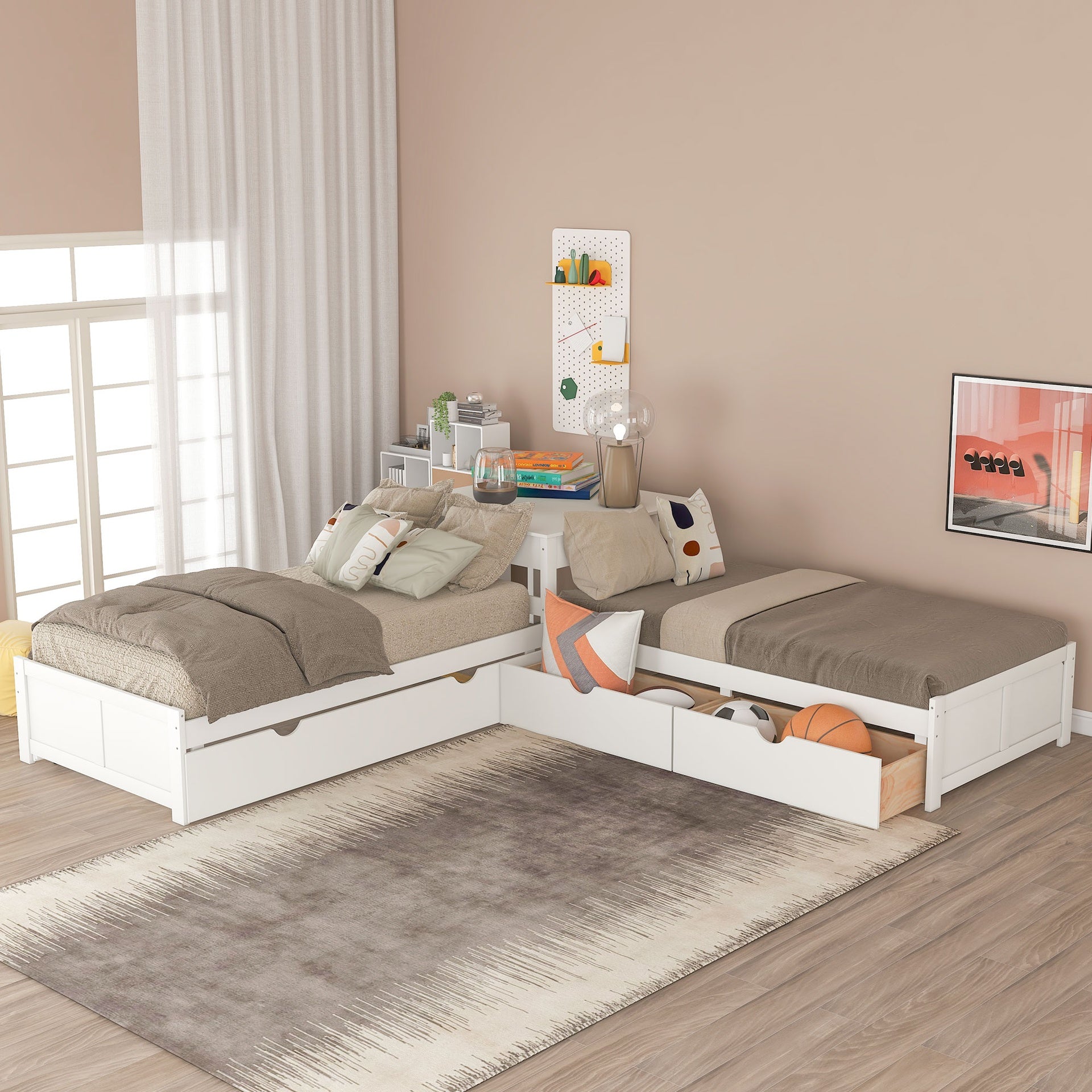 L-shaped Platform Bed with Trundle and Drawers Linked with built-in Desk,Twin,White