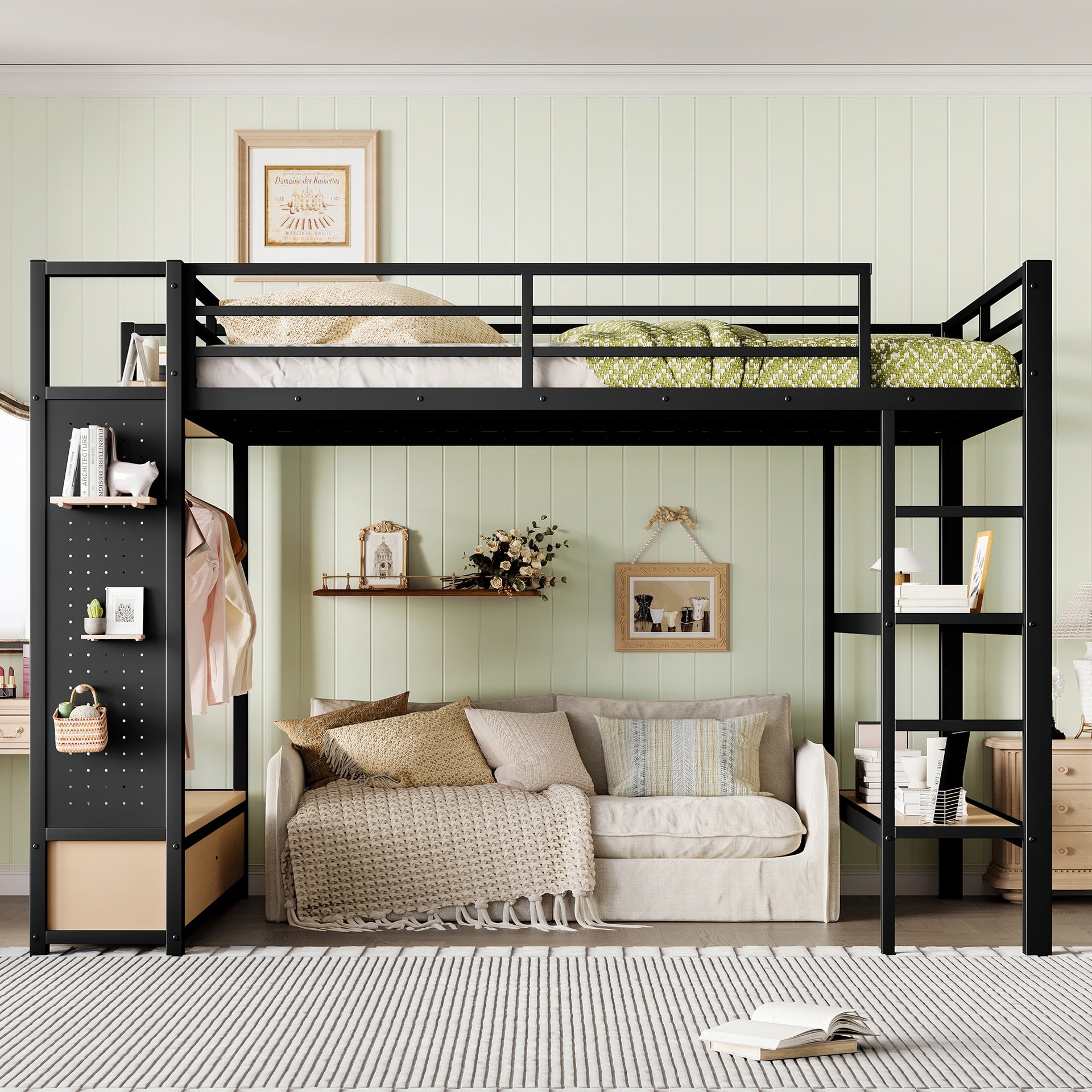 Queen size Loft Bed Frame with Wardrobe,Metal Loft Bed with Storage Shelves and Pegboard,Black