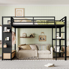 Queen size Loft Bed Frame with Wardrobe,Metal Loft Bed with Storage Shelves and Pegboard,Black