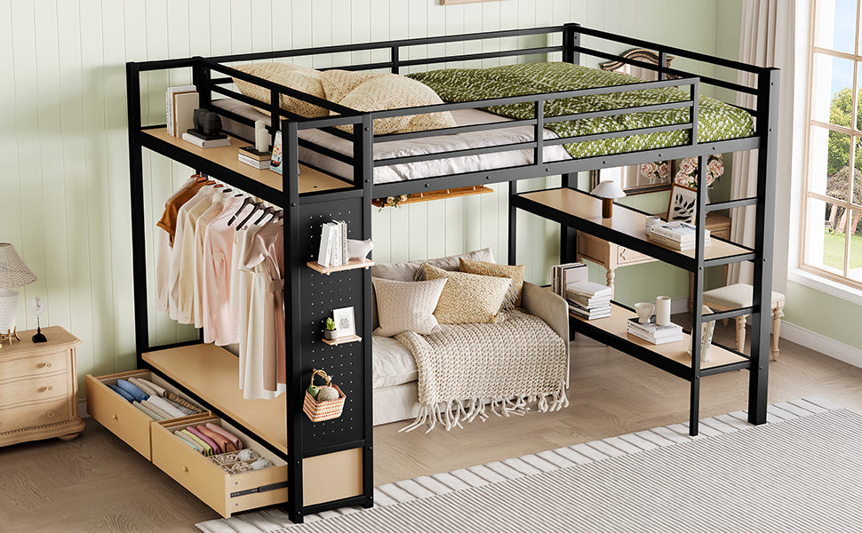Queen size Loft Bed Frame with Wardrobe,Metal Loft Bed with Storage Shelves and Pegboard,Black