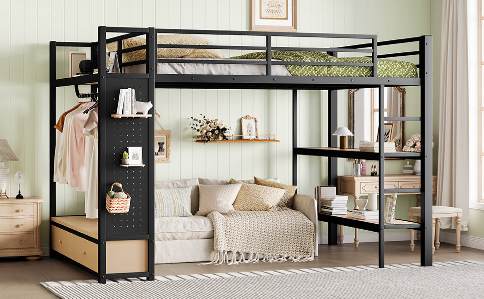Queen size Loft Bed Frame with Wardrobe,Metal Loft Bed with Storage Shelves and Pegboard,Black
