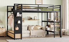 Queen size Loft Bed Frame with Wardrobe,Metal Loft Bed with Storage Shelves and Pegboard,Black