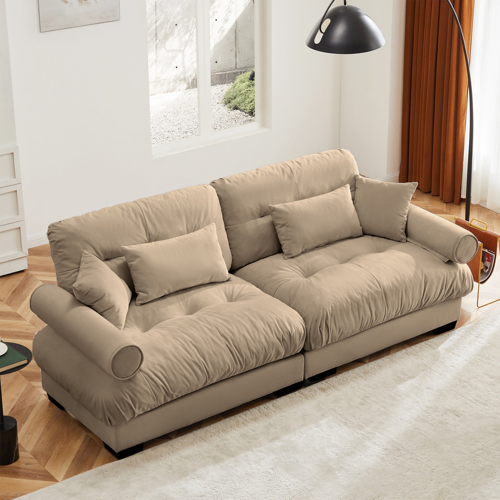 Large Size Modern Two-seater Sofa with Bolstered Armrests,Velvet 2-Seater Sofa With Waist Pillows and Throw Pillows , Suitable for Living Room , Loft, Working Spaces , Hallway and Bedroom,Camel