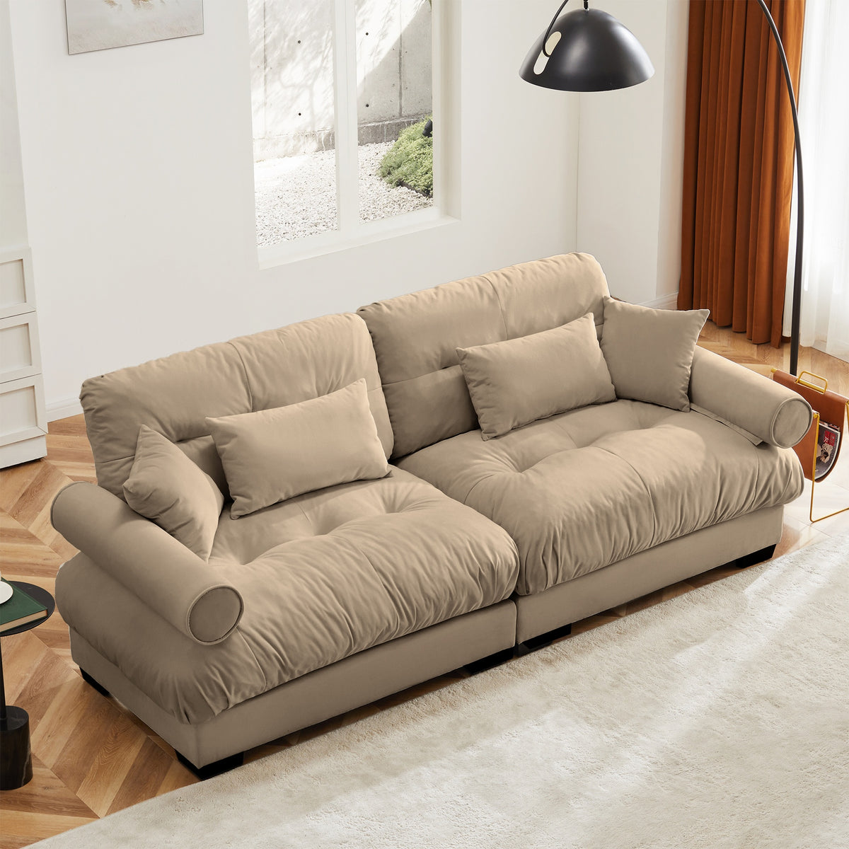 Large Size Modern Two-seater Sofa with Bolstered Armrests,Velvet 2-Seater Sofa With Waist Pillows and Throw Pillows , Suitable for Living Room , Loft, Working Spaces , Hallway and Bedroom,Camel
