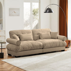 Large Size Modern Two-seater Sofa with Bolstered Armrests,Velvet 2-Seater Sofa With Waist Pillows and Throw Pillows , Suitable for Living Room , Loft, Working Spaces , Hallway and Bedroom,Camel