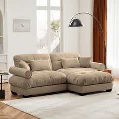 Over Size Modern Two-seater Sofa with Ottoman, Velvet 2-Seater with Round Bolster Armrests,With Waist Pillow and Throw Pillows,Small L Shape Sofa For Living Room, Reading Room , Loft and Bedroom,Camel