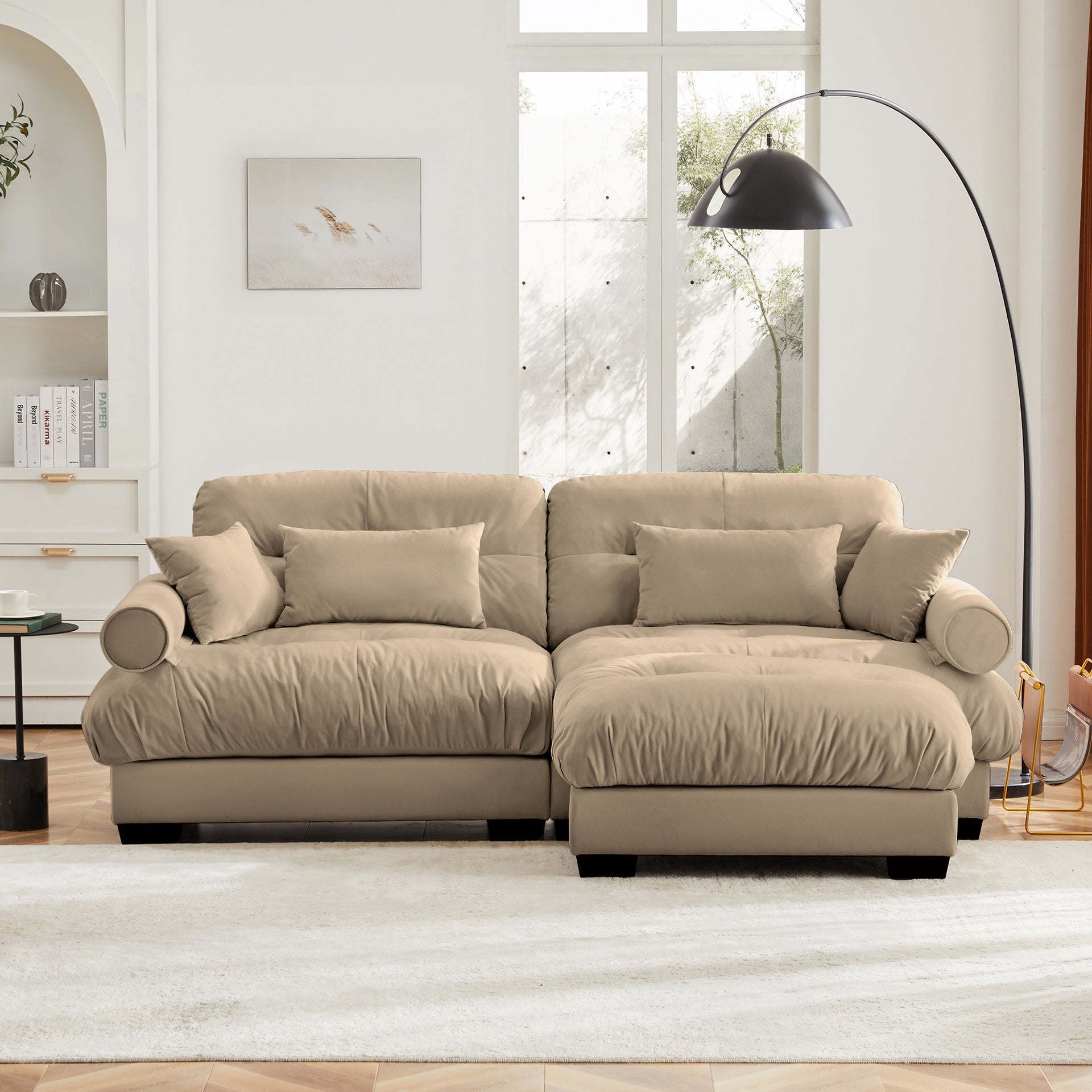 Over Size Modern Two-seater Sofa with Ottoman, Velvet 2-Seater with Round Bolster Armrests,With Waist Pillow and Throw Pillows,Small L Shape Sofa For Living Room, Reading Room , Loft and Bedroom,Camel