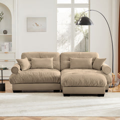 Over Size Modern Two-seater Sofa with Ottoman, Velvet 2-Seater with Round Bolster Armrests,With Waist Pillow and Throw Pillows,Small L Shape Sofa For Living Room, Reading Room , Loft and Bedroom,Camel