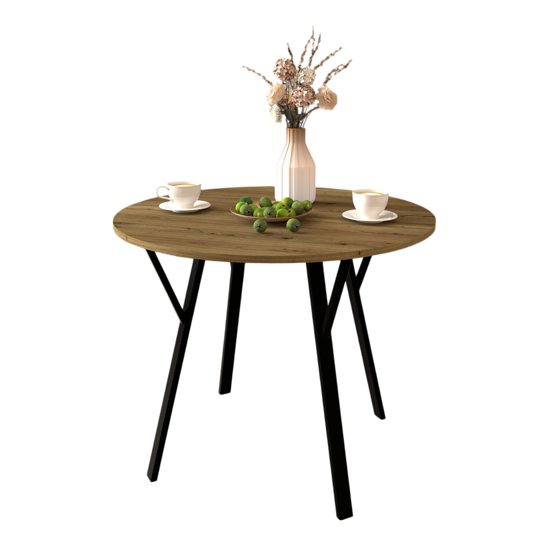 35.43 Inch Round Dining Table, Small Circle Kitchen Table with Metal Black Legs for 2-4 people,Modern Dining Room Table, Brown (only table)