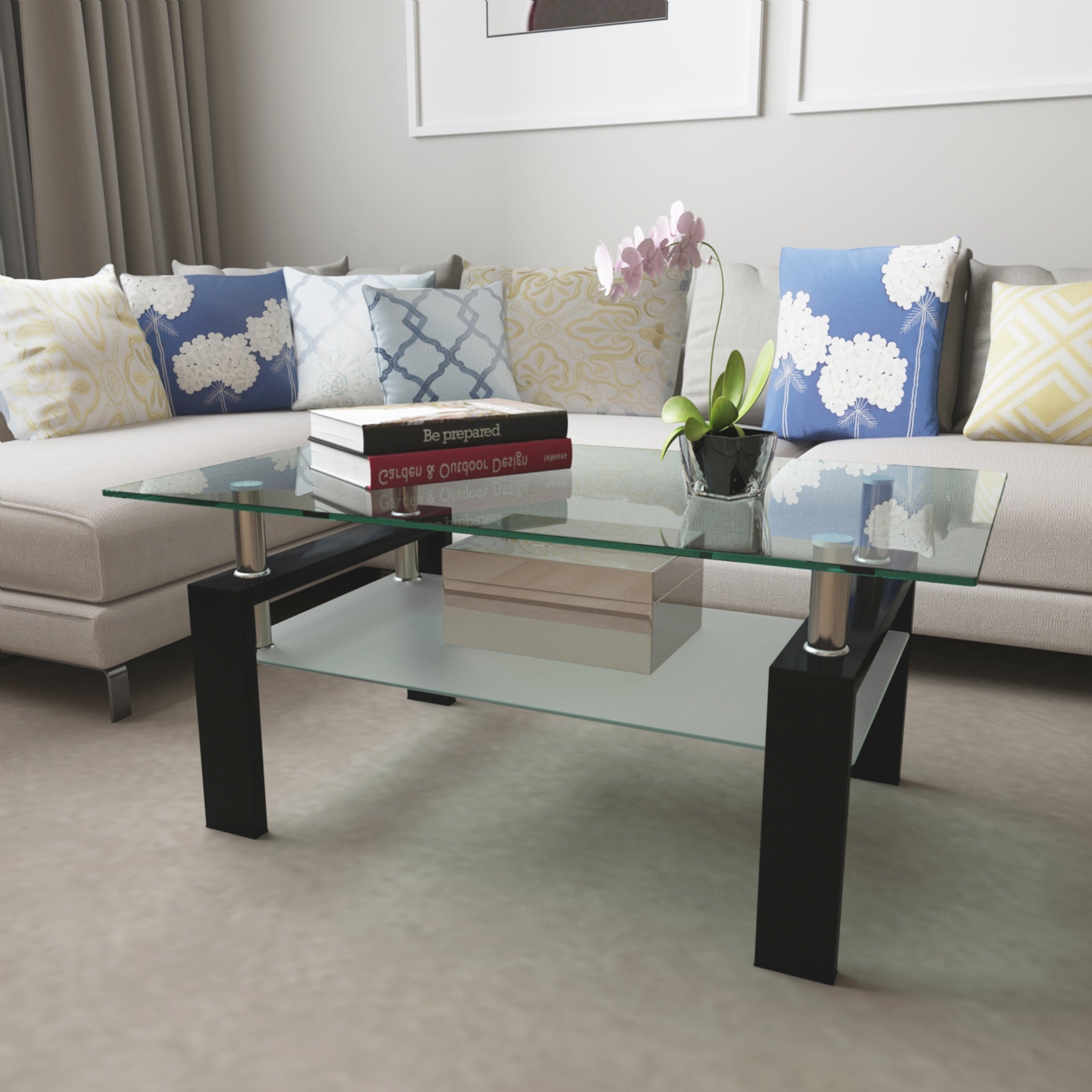 Rectangle Glass Coffee Table, Clear Coffee Table, Modern Side Center Tables for Living Room, Living Room Furniture