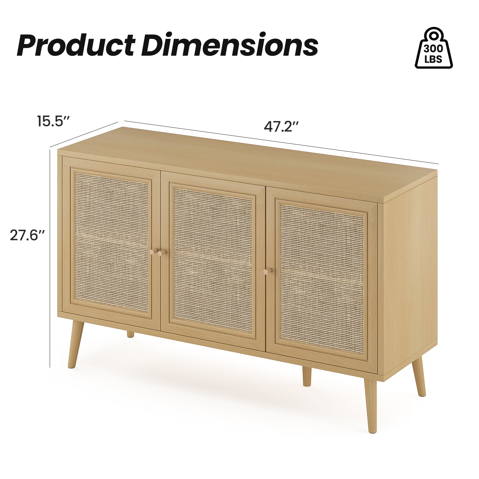 Sideboard Buffet Cabinet with 3 Rattan Doors,Modern Kitchen Storage Console Cabinet for Entryway Living Room (Small,Natural)