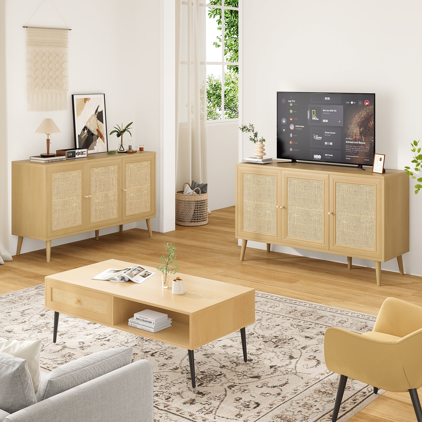 Sideboard Buffet Cabinet with 3 Rattan Doors,Modern Kitchen Storage Console Cabinet for Entryway Living Room (Small,Natural)