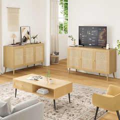 Sideboard Buffet Cabinet with 3 Rattan Doors,Modern Kitchen Storage Console Cabinet for Entryway Living Room (Small,Natural)
