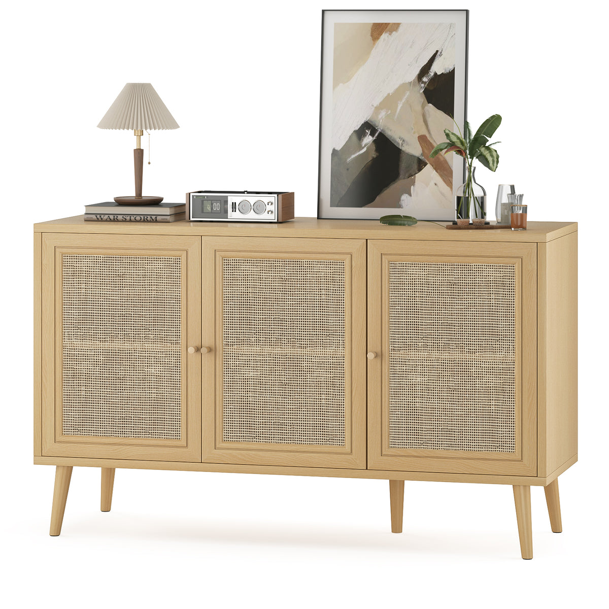 Sideboard Buffet Cabinet with 3 Rattan Doors,Modern Kitchen Storage Console Cabinet for Entryway Living Room (Small,Natural)