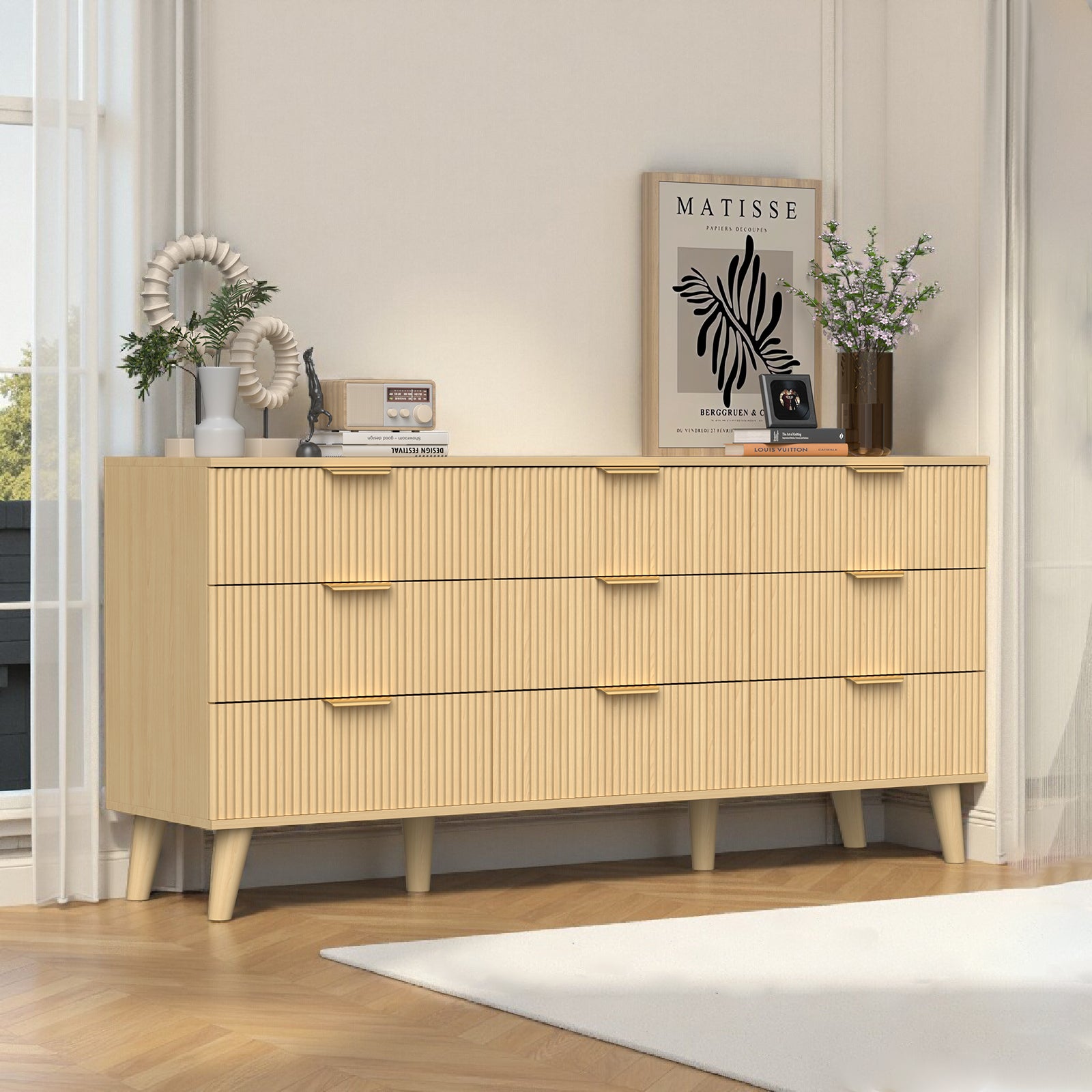 9 Drawer Dresser for Bedroom, Fluted Wooden Chest of Drawers for Children's Room,  Nursery, Entrance, Natural, 63 inchW x 15.7 inchD x 29.5 inchH