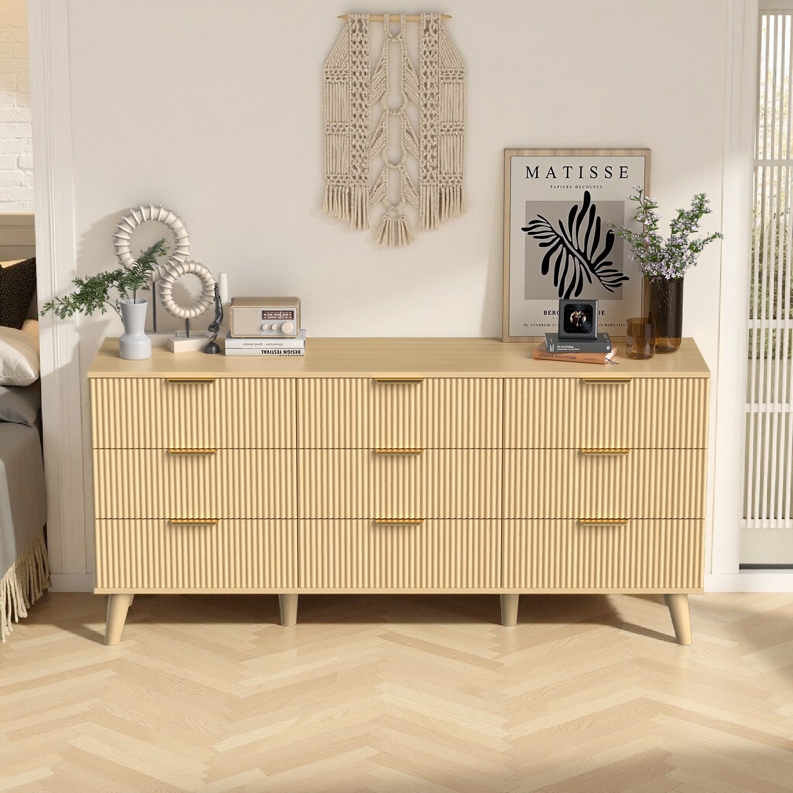 9 Drawer Dresser for Bedroom, Fluted Wooden Chest of Drawers for Children's Room,  Nursery, Entrance, Natural, 63 inchW x 15.7 inchD x 29.5 inchH
