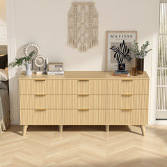 9 Drawer Dresser for Bedroom, Fluted Wooden Chest of Drawers for Children's Room,  Nursery, Entrance, Natural, 63 inchW x 15.7 inchD x 29.5 inchH
