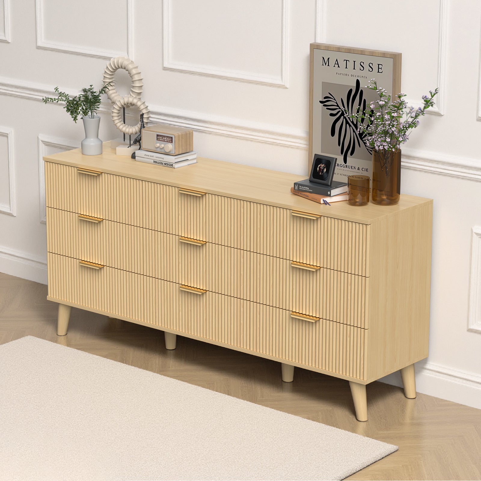 9 Drawer Dresser for Bedroom, Fluted Wooden Chest of Drawers for Children's Room,  Nursery, Entrance, Natural, 63 inchW x 15.7 inchD x 29.5 inchH