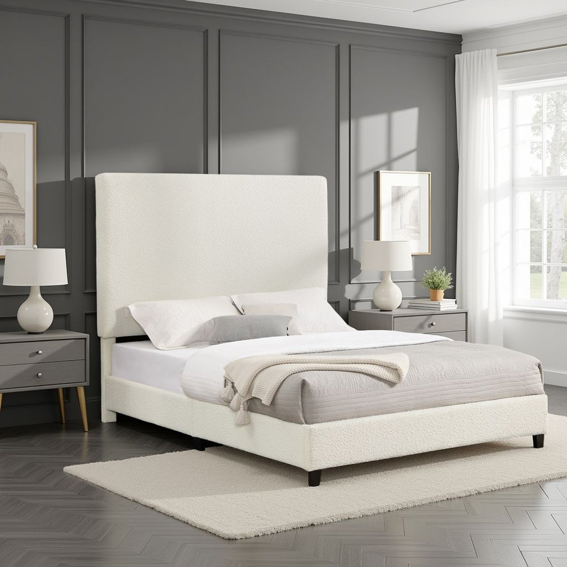 Queen Size White Boucle Upholstered Platform Bed