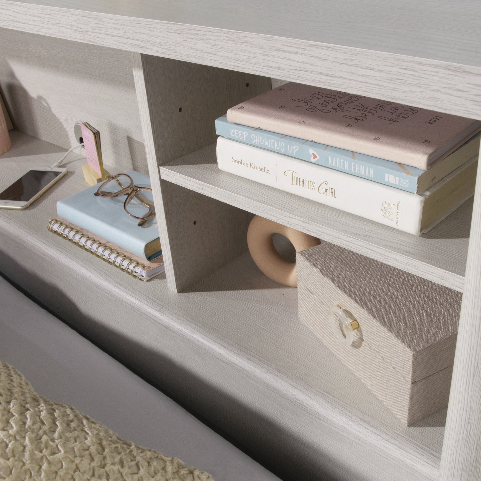Vintage Full/Queen Bookcase Headboard with Spacious Storage Cubby, White finish