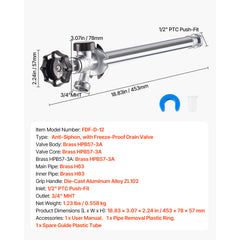 12 in Frost-Free Sillcock 1/2" PTC x 3/4" MHT Hose Bibb Anti-Siphon Valve