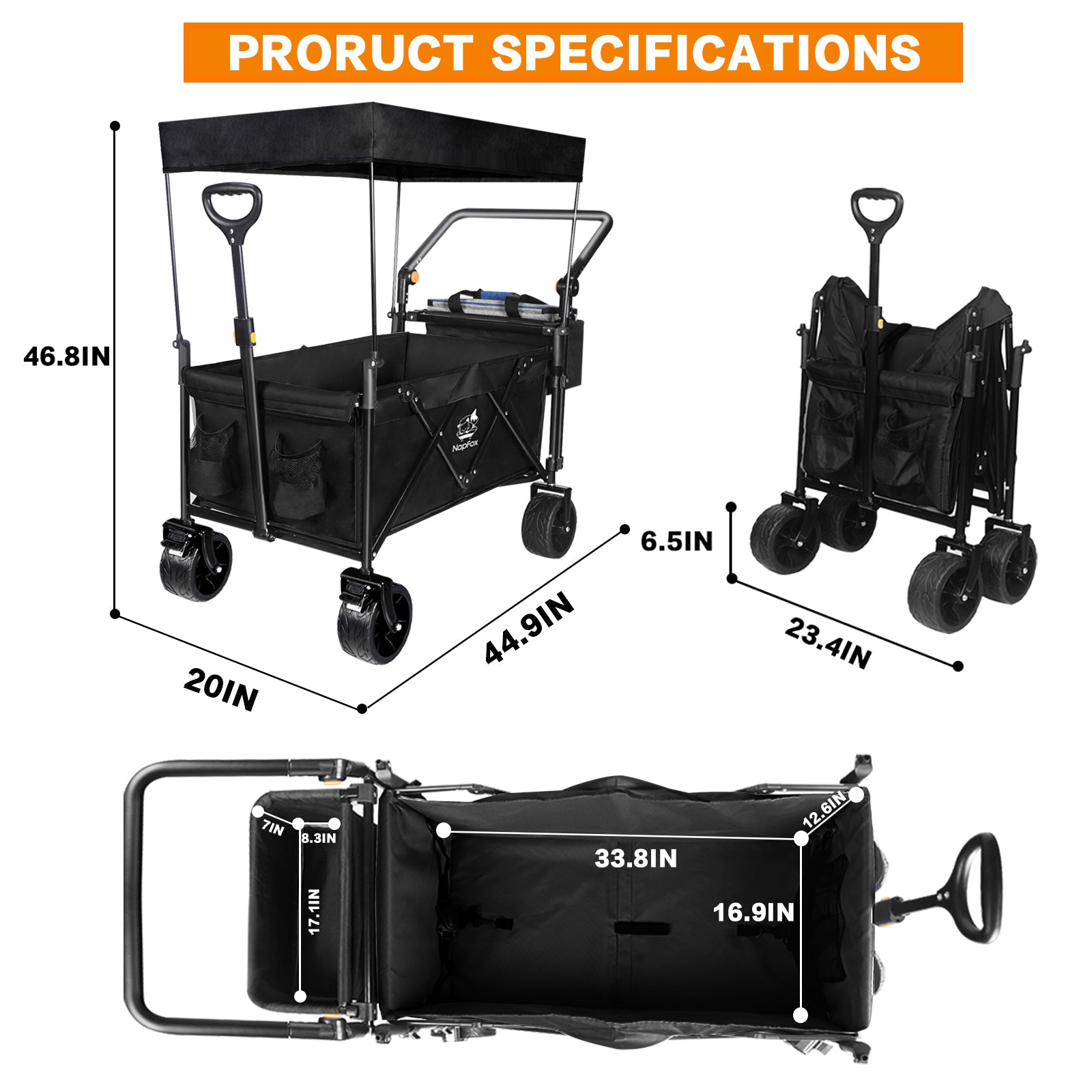 Collapsible Wagon 140L Wagons Carts Foldable with Removable Canopy, Folding Wagon Cart with Wheels for All-Terrain with Brake, Foldable Wagon with Cooler Bag, for Camping Beach Shopping