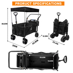 Collapsible Wagon 140L Wagons Carts Foldable with Removable Canopy, Folding Wagon Cart with Wheels for All-Terrain with Brake, Foldable Wagon with Cooler Bag, for Camping Beach Shopping
