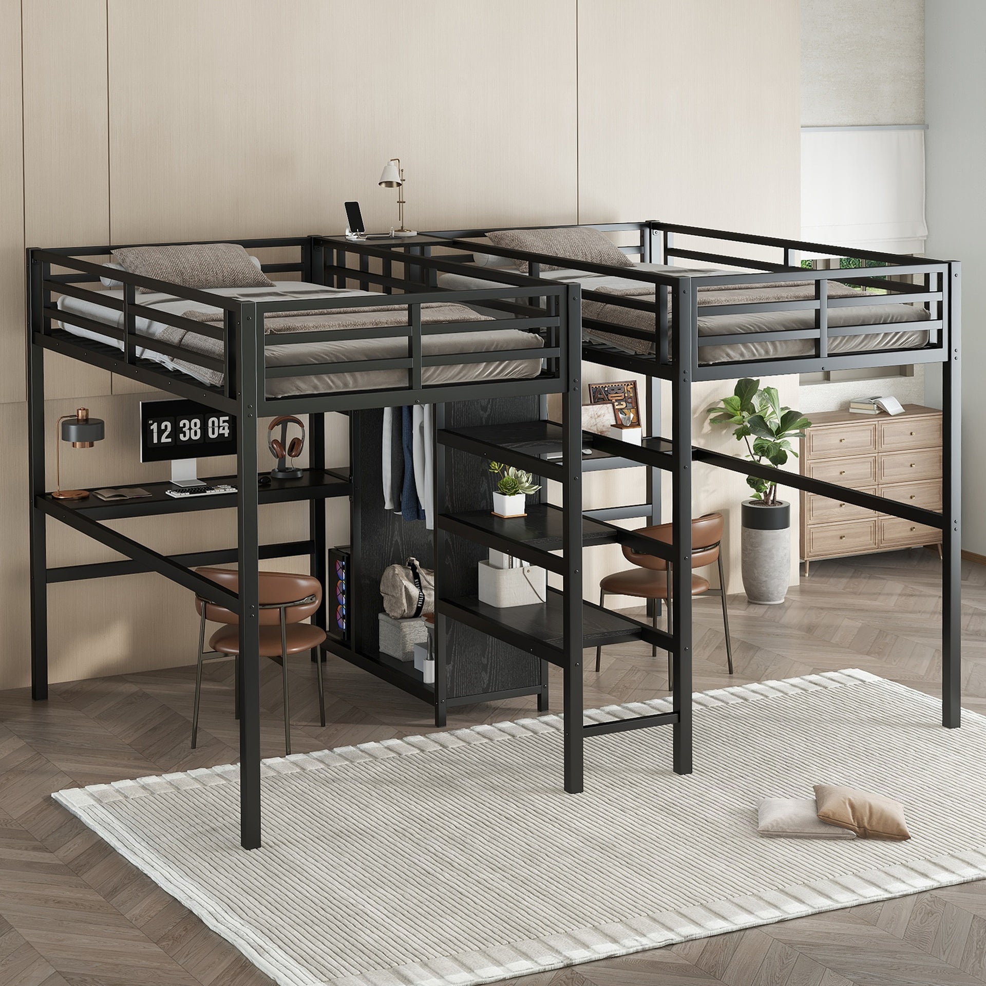 Twin Over Twin Metal Loft Bed with Double Desk and Wardrobe and Shelves with Electrical Outlet for Space Saving and Noise Reduction,Black