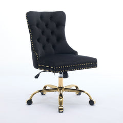 A&A Furniture Office Chair,Modern Velvet Upholstered Tufted Button Home Office Chair with Golden Metal Base,Adjustable Desk Chair Swivel Office Chair (Black)