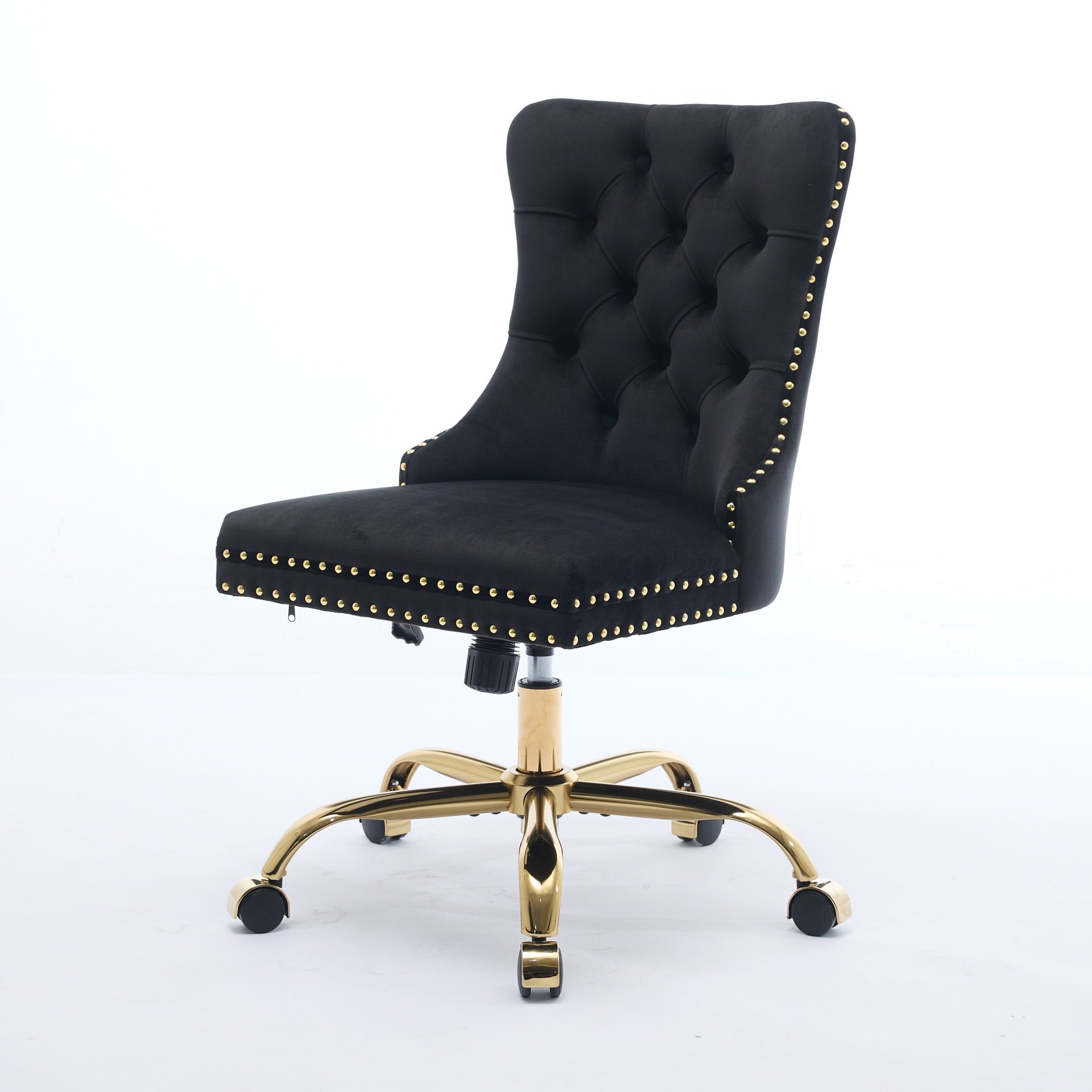 A&A Furniture Office Chair,Modern Velvet Upholstered Tufted Button Home Office Chair with Golden Metal Base,Adjustable Desk Chair Swivel Office Chair (Black)