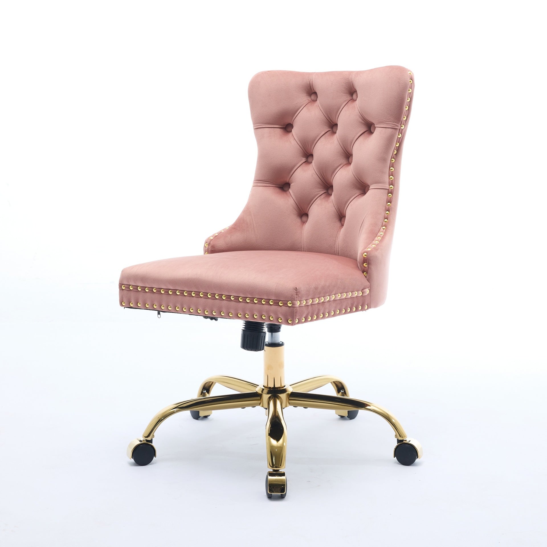 A&A Furniture Office Chair,Modern Velvet Upholstered Tufted Button Home Office Chair with Golden Metal Base,Adjustable Desk Chair Swivel Office Chair (Pink)