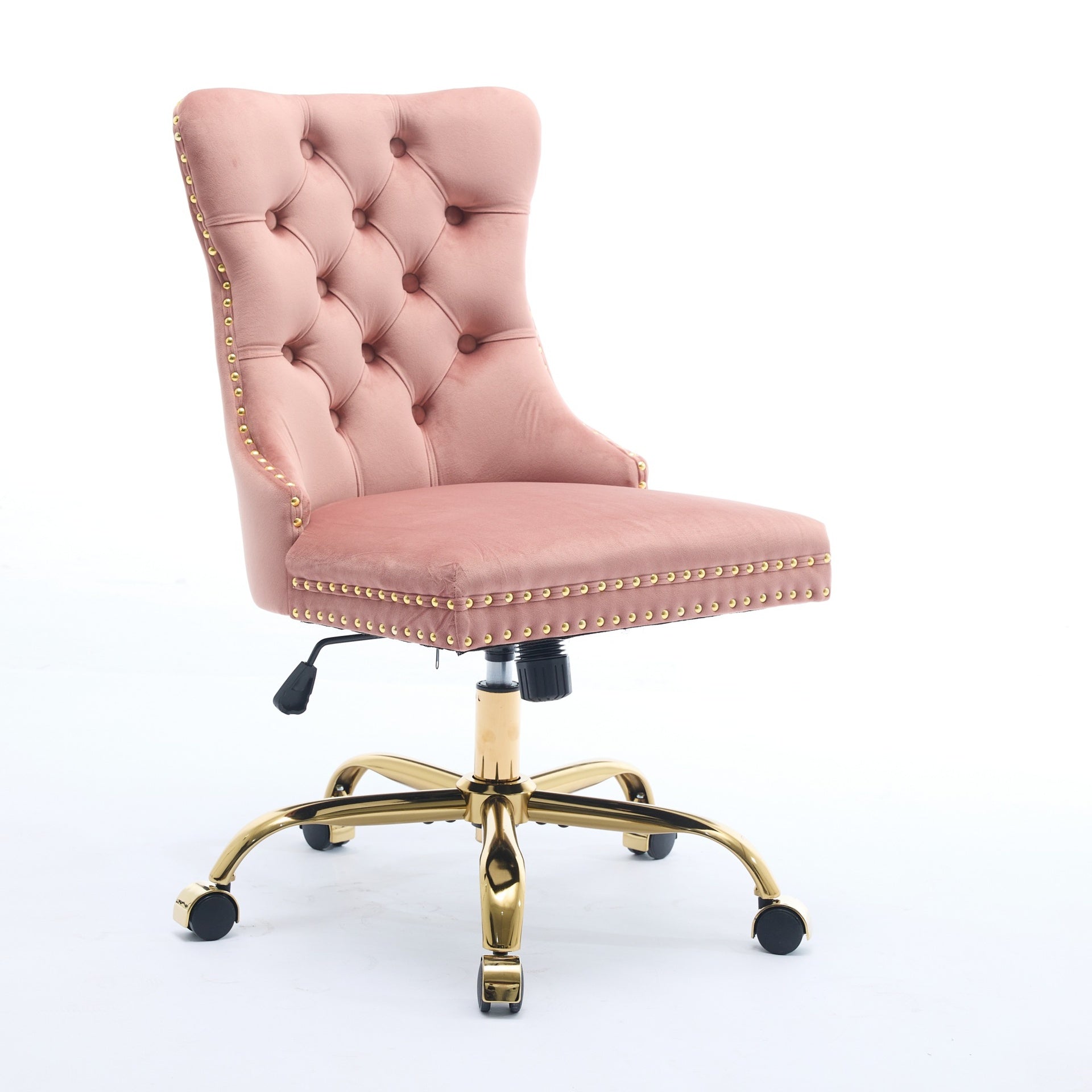 A&A Furniture Office Chair,Modern Velvet Upholstered Tufted Button Home Office Chair with Golden Metal Base,Adjustable Desk Chair Swivel Office Chair (Pink)